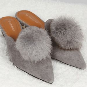 POL Grey Suede Mules with fur pouf